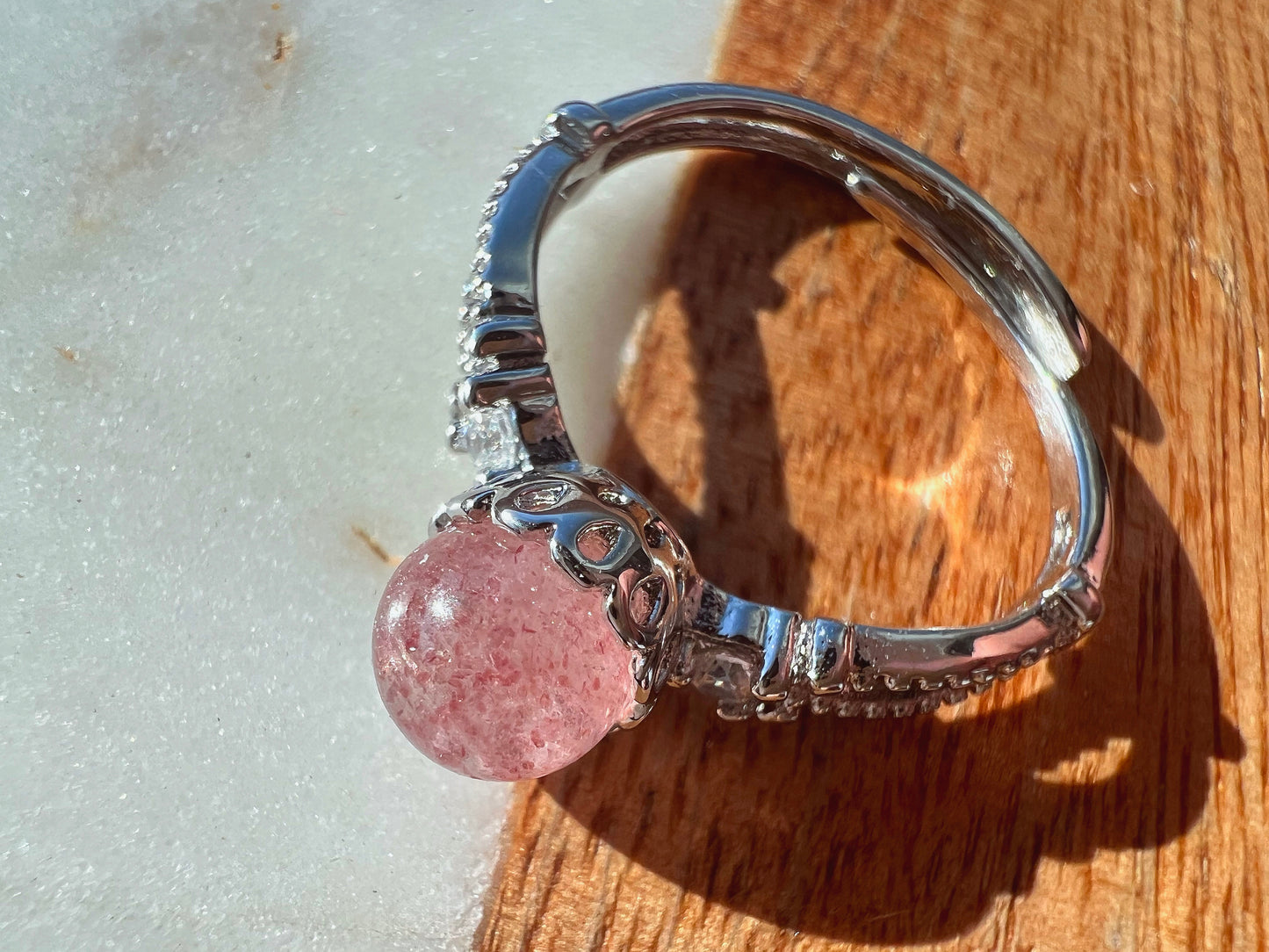 Strawberry Quartz Sterling Silver Adjustable Ring