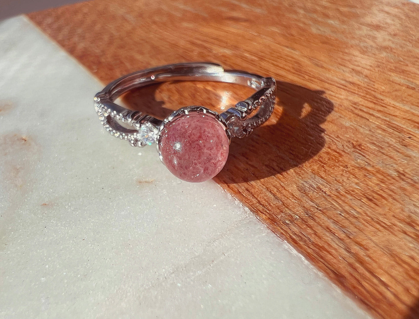 Strawberry Quartz Sterling Silver Adjustable Ring