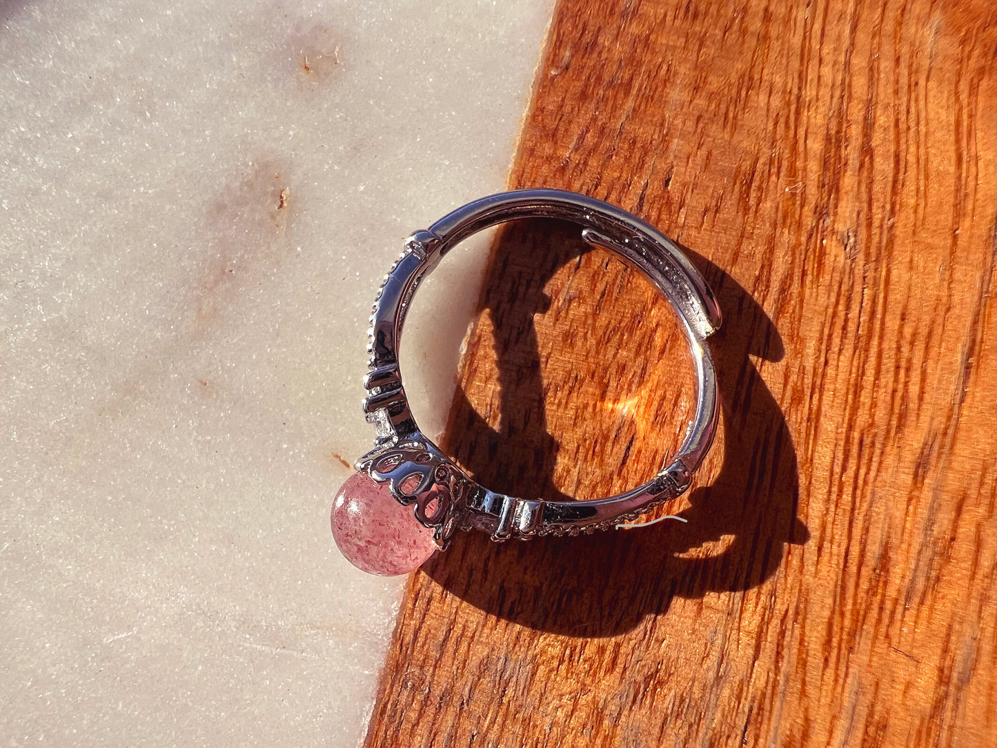 Strawberry Quartz Sterling Silver Adjustable Ring